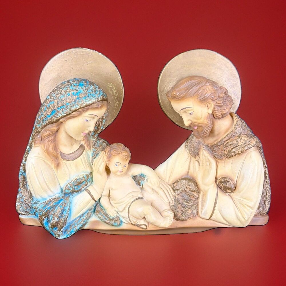 VINTAGE ITALIAN CHALKWARE HAND PAINTED JESUS MARY JOSEPH WALL PLAQUE